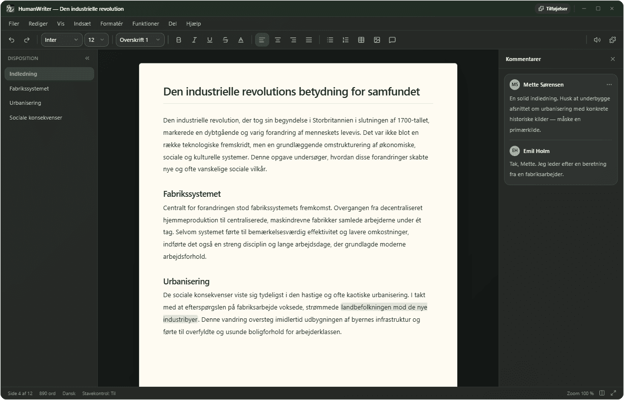 Skærmbillede: eleven skriver i HumanWriter-editoren